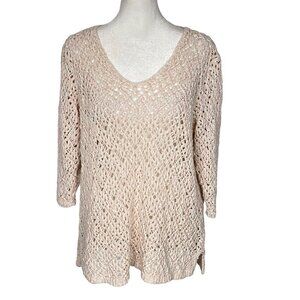 J JILL Women Crochet Pullover Sweater 3/4 Sleeve V Neck Sz L Light Pink Casual